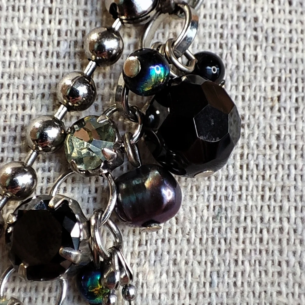 Silver Tone Ball Chain Asymmetrical Black Glass Oil Slick Big Bell Cap Necklace